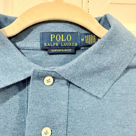 Men’s Ralph Lauren Blue Polo with Pink Logo - Size M Slim Fit - Picture 3 of 5
